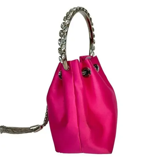 Sondra Robert’s Satin Drawstring Mini Bag Hot a pink Crystal Top Handle - Picture 3 of 8